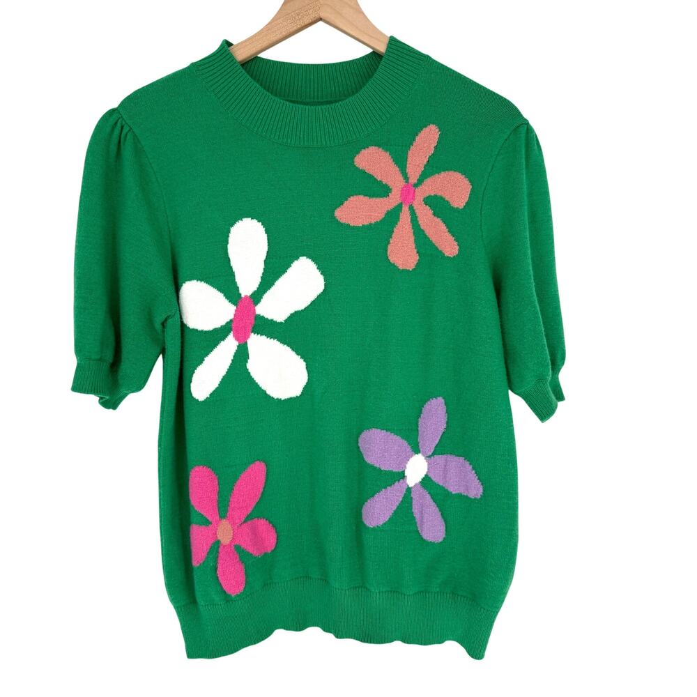 Retro Mod Floral Knit Short Sleeve Sweater Top Womens M Bright Green Dopamine